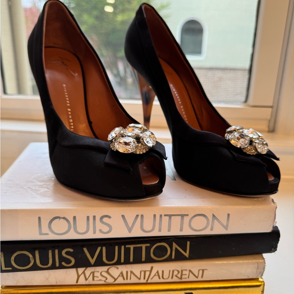 Giuseppe Zanotti Black Satin Peep-toe Pump w/Rhinestone broche